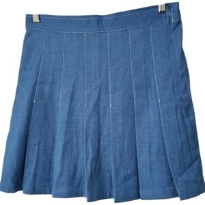 Cider Blue Pleated Chambray Mini Skirt High Waist Preppy Denim Look Skater, Med